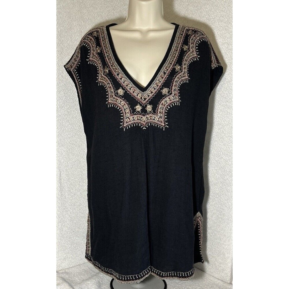Free People Women Sz SP Oversized Embroidery Tunic Blouse Dress Boho Split Hem